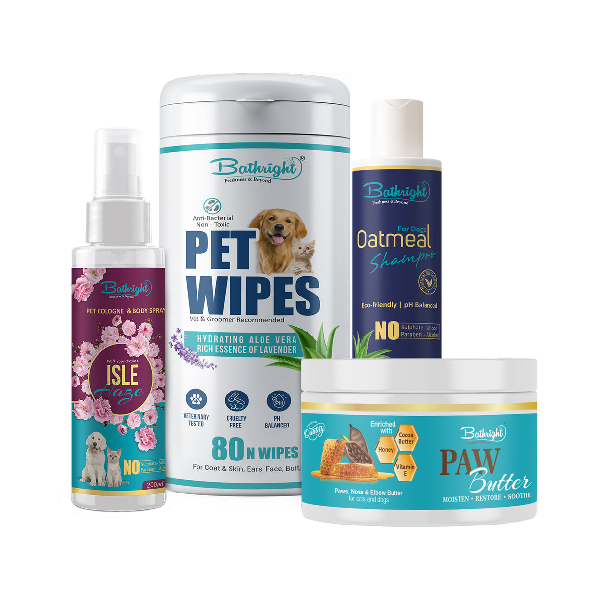 Bathright 4 in 1 Grooming Kit Combo for Pets|Oatmean Shampoo|Isle Haze Pet Body Spray | Paw Butter|Pet Wipes