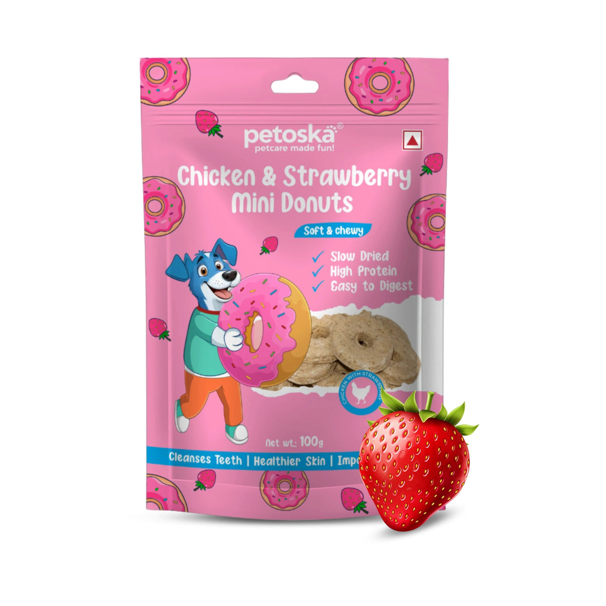 Petoska Dog Treats – Chicken & Strawberry Donuts, 100g