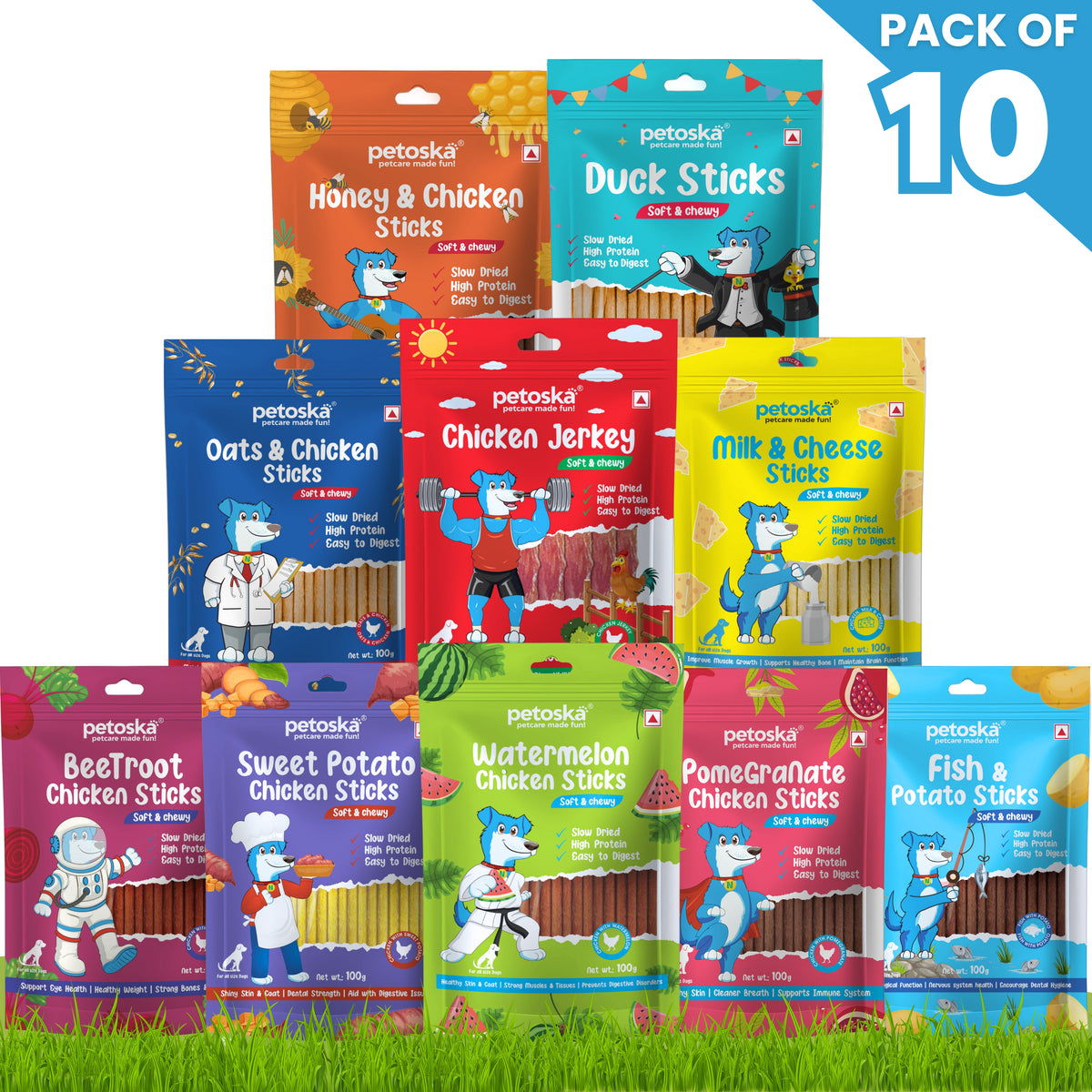 Petoska Dog Treats 100gm Each - Pack Of 10 Flavours Each - Pack Of 10