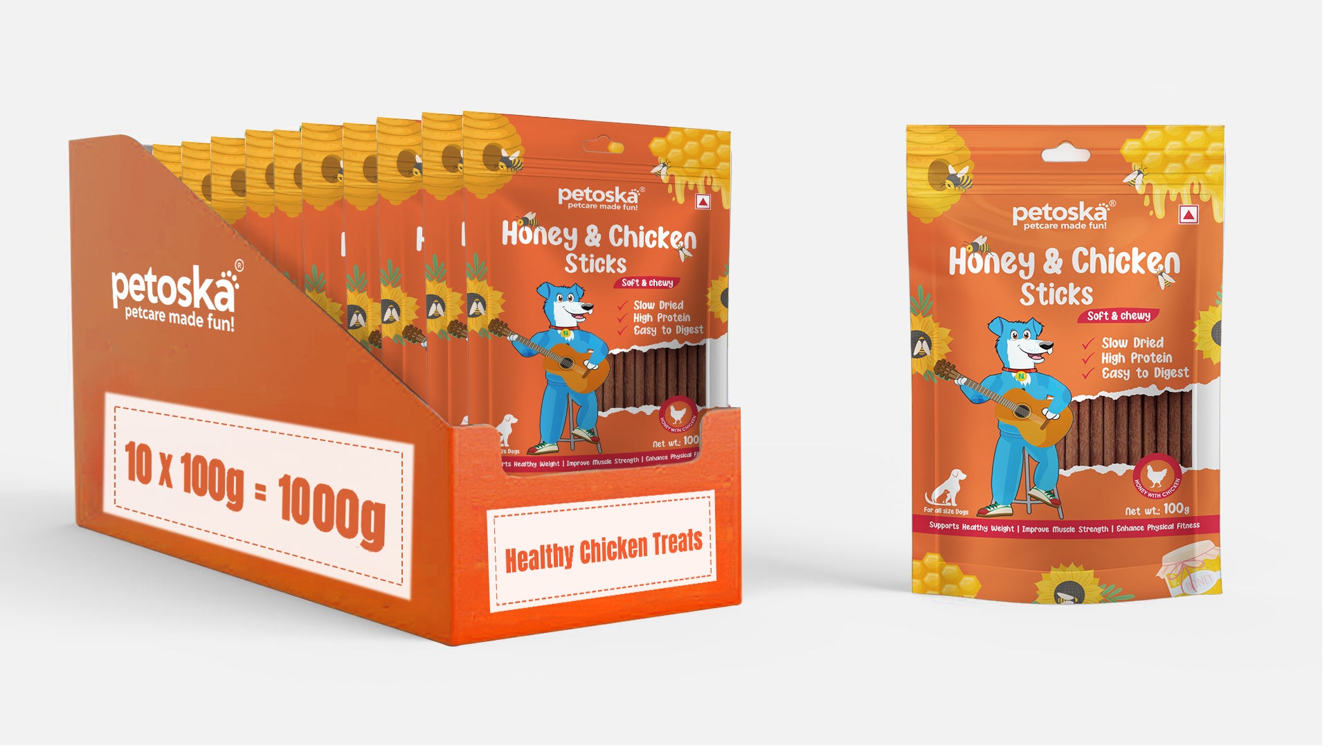 Petoska Chicken Honey Sticks Protein-Packed Immune Support Tasty Dog Treats, 100g Each - Pack Of 10.