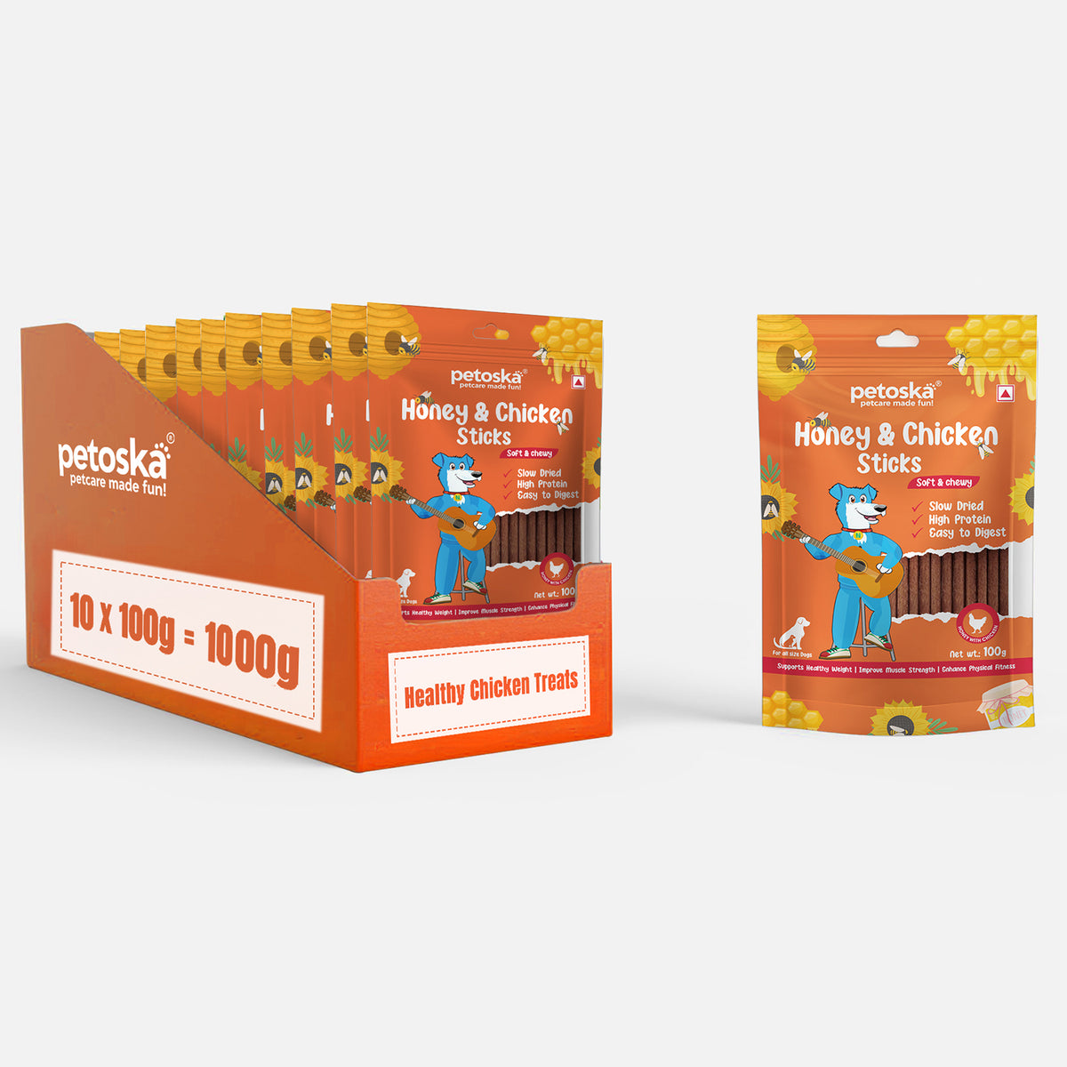 Petoska Chicken Honey Sticks Protein-Packed Immune Support Tasty Dog Treats, 100g Each - Pack Of 10.