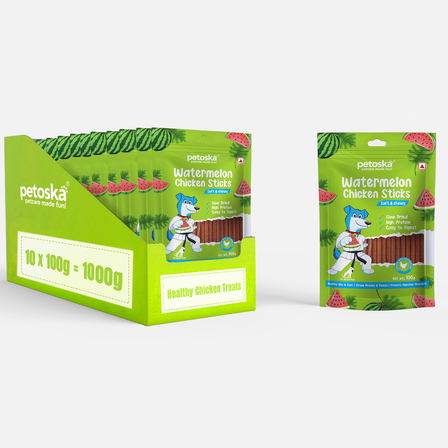Petoska Watermelon Chicken Sticks Real Fruit & Chicken Easy to Digest, 100g Each - Pack Of 10.