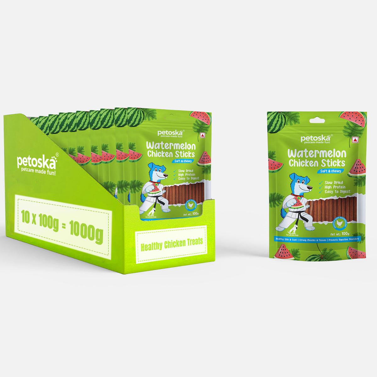 Petoska Watermelon Chicken Sticks Real Fruit & Chicken Easy to Digest, 100g Each - Pack Of 10.