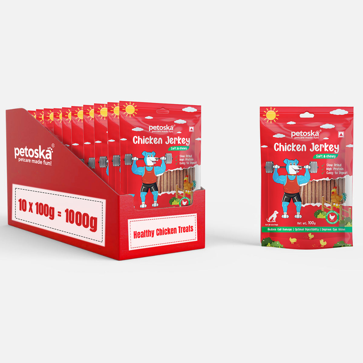 Petoska Chicken Jerky Made with Real Chicken Meat Protein-Rich Treats, 100g Each - Pack Of 10.