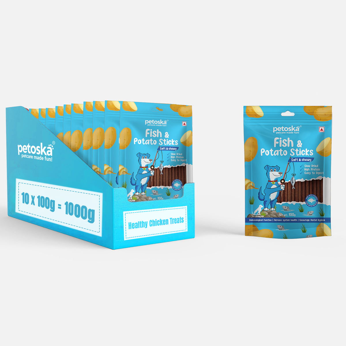 Petoska Potato Fish Sticks Tasty & Healthy Dog Treats with High Protein & Omega-3, 100g Each - Pack Of 10.