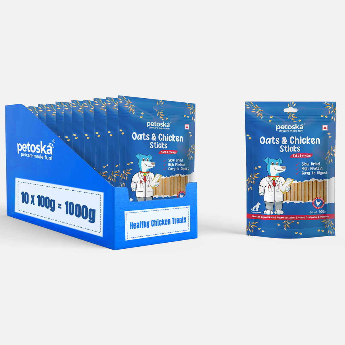 Petoska Chicken Oats Sticks Vitamin & Mineral Packed Snack for Pets Promotes Digestive Health, 100g Each - Pack Of 10.