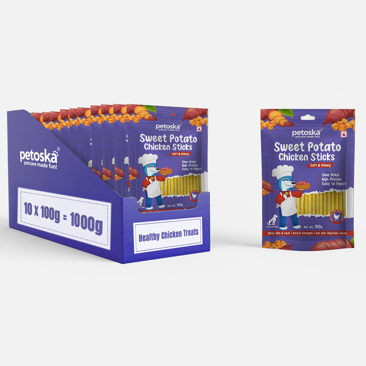 Petoska Chicken Sweet Potato Dog Treats Crunchy & Protein-Rich Sticks Easy to digest, 100g Each - Pack Of 10.