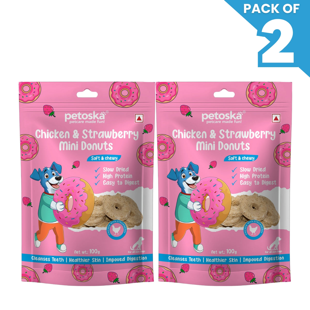 Petoska Chicken & Strawberry Donuts Chewy Sticks with Real Meat & Fruit Pack Of 2 100gms