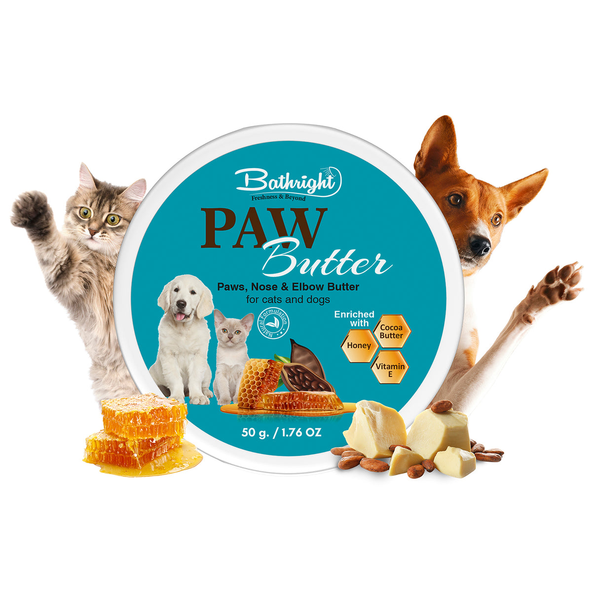 Bathright Pet Paw Butter 50 gm | Natural Paw Butter for Dogs & Cats | Moisturizes, Nourishes & Softens Dry Chapped Paws | Paw Cream with Honey, Cocoa Butter, Vitamin E | Pet Care Grooming