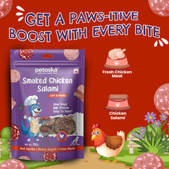Petoska Chicken Salami Treats for Dogs, Smoky & Chewy Protein Snacks, 100gms