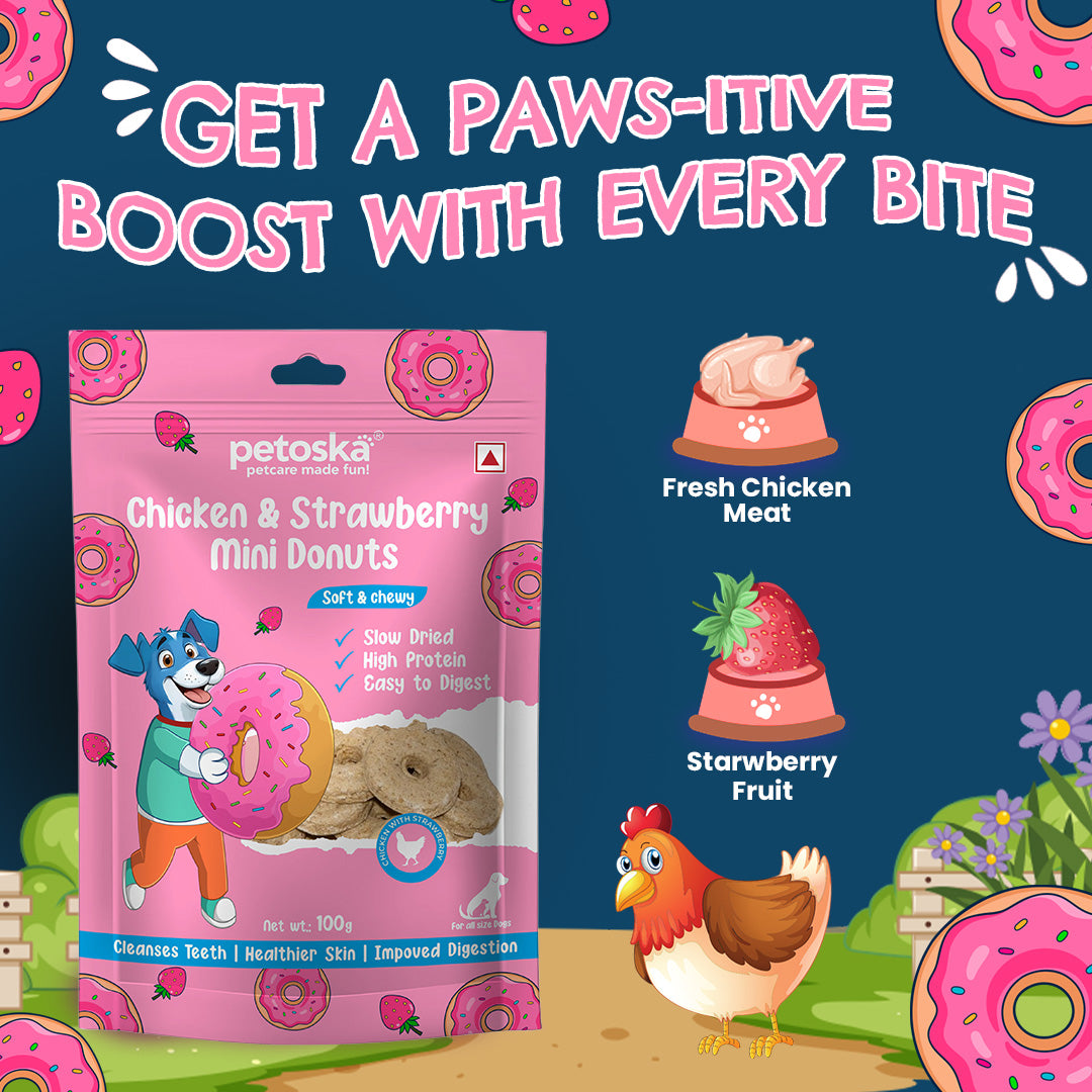 Petoska Chicken & Strawberry Donuts Chewy Sticks with Real Meat & Fruit, 100gms
