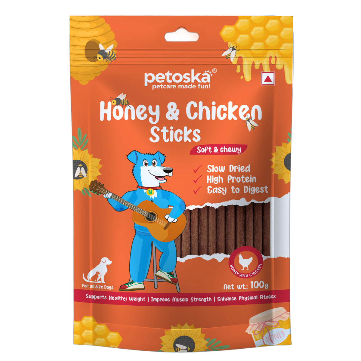 Petoska Chicken Honey Sticks Protein-Packed Immune Support Tasty Dog Treats, 100gms
