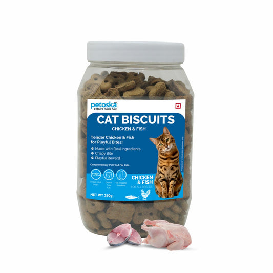 Petoska Crunchy Cat Biscuit Chicken & Fish, 250 gms