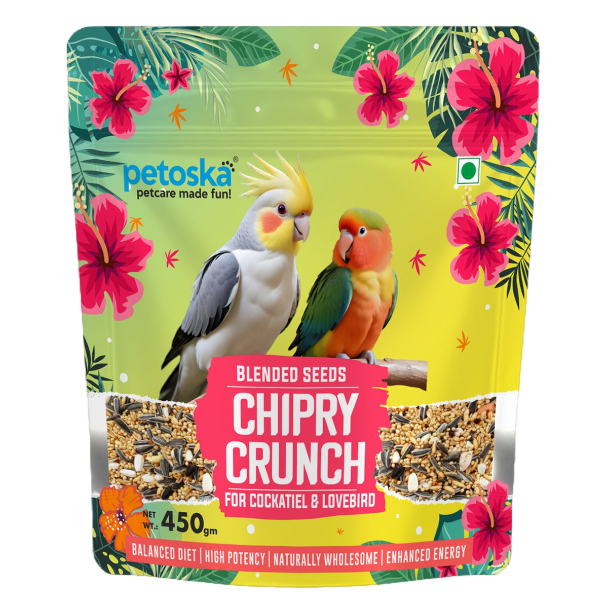 Petoska Blended Seeds for Cockatiel & Lovebirds Natural Balanced Food Mix, Balanced Nutrition for all age Birds, 450gms
