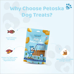 Petoska Dog Treats – Fish & Potato Sticks, 100g | Omega-3 Protein Sticks