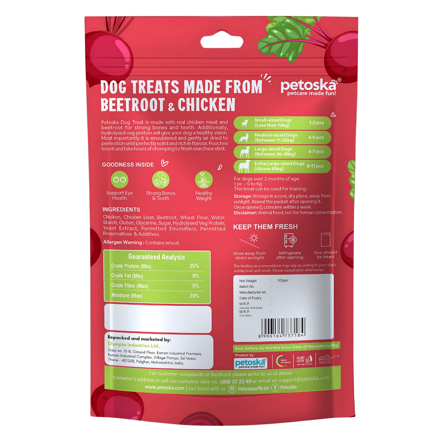 Petoska Beetroot Chicken Sticks Healthy Chews Nutritious Beets for Dogs, 100g Each - Pack Of 10.