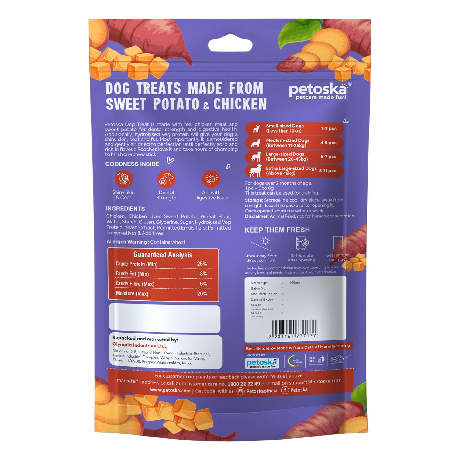 Petoska Chicken Sweet Potato Dog Treats Crunchy & Protein-Rich Sticks Easy to digest, 100g Each - Pack Of 10.