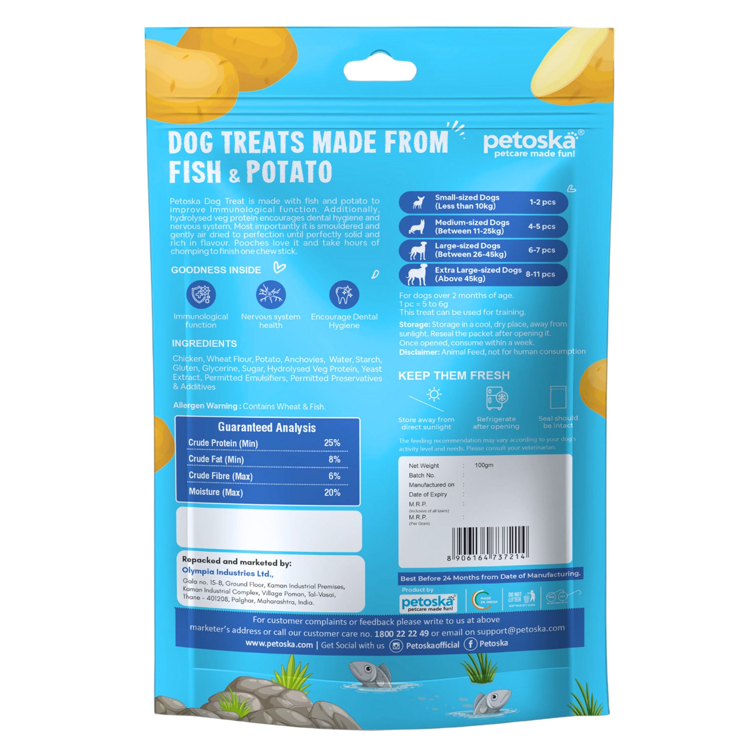 Petoska Potato Fish Sticks Tasty & Healthy Dog Treats with High Protein & Omega-3, 100g Each - Pack Of 10.