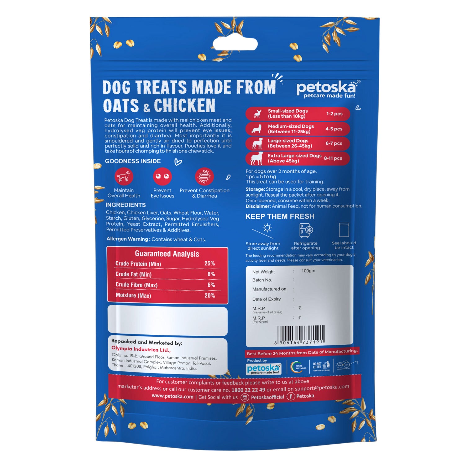 Petoska Chicken Oats Sticks Vitamin & Mineral Packed Snack for Pets Promotes Digestive Health, 100g Each - Pack Of 10.