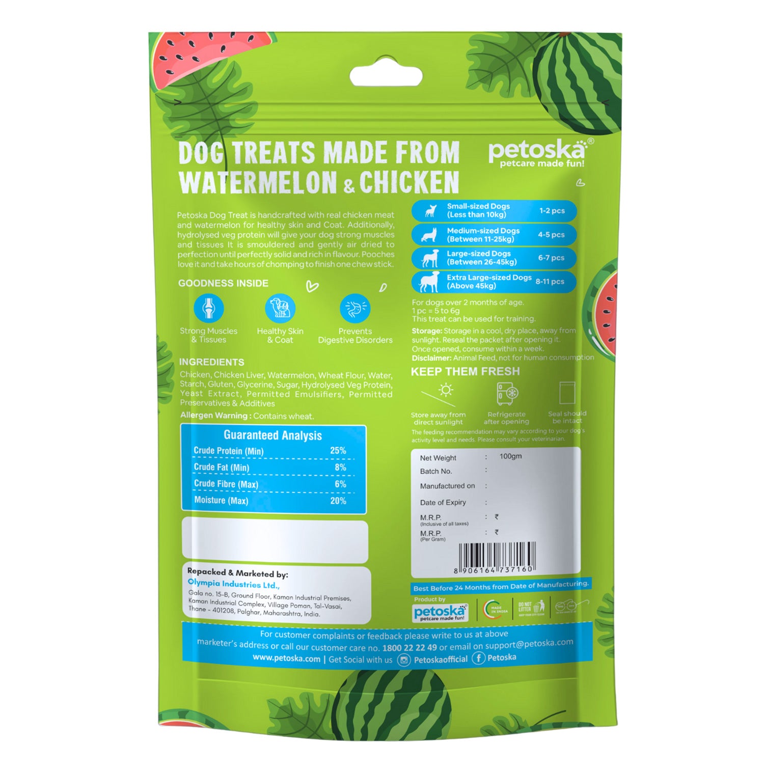 Petoska Watermelon Chicken Sticks Real Fruit & Chicken Easy to Digest, 100g Each - Pack Of 10.
