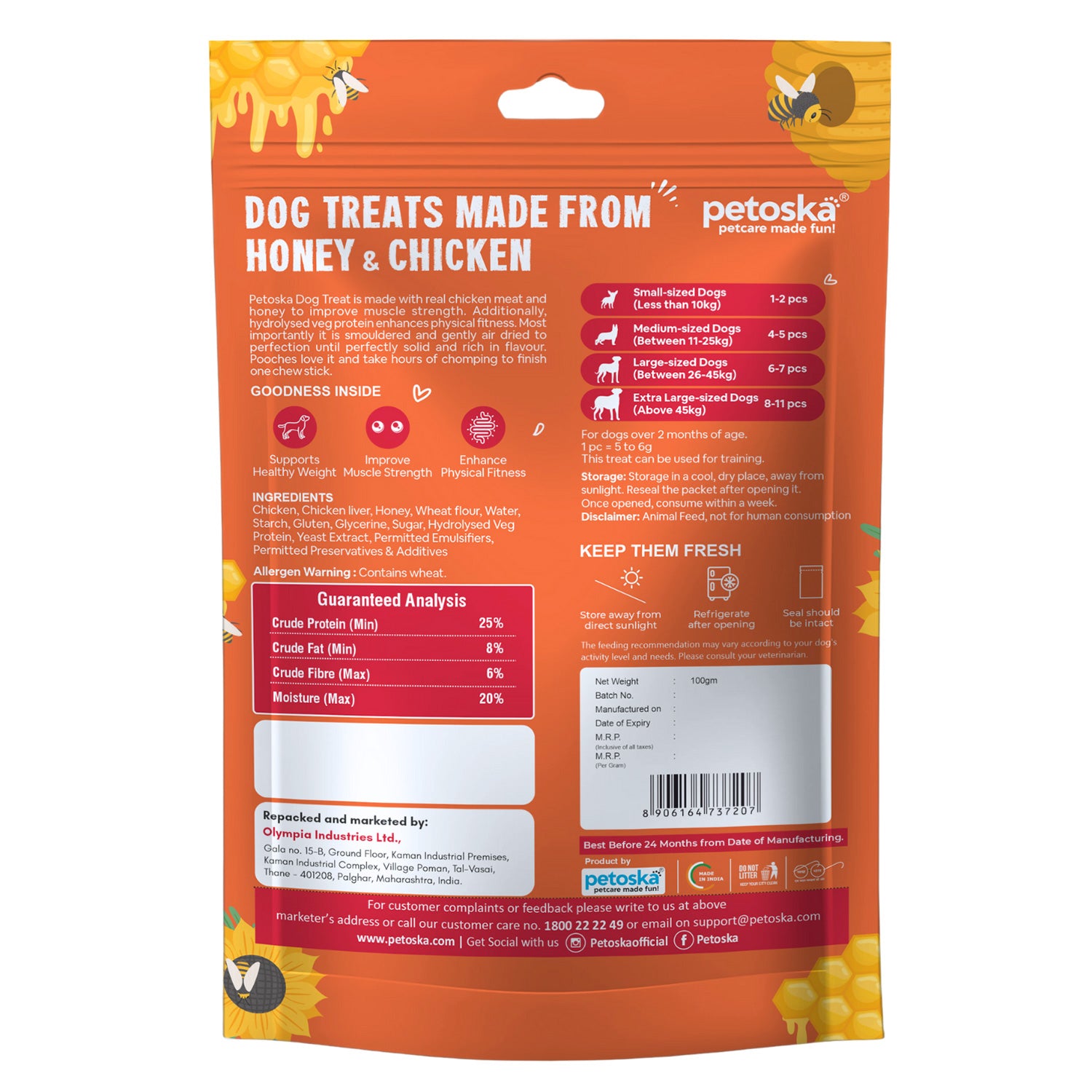 Petoska Chicken Honey Sticks Protein-Packed Immune Support Tasty Dog Treats, 100g Each - Pack Of 10.