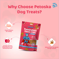 Petoska Dog Treats – Chicken & Pomegranate, 100g | Natural Chewy Sticks