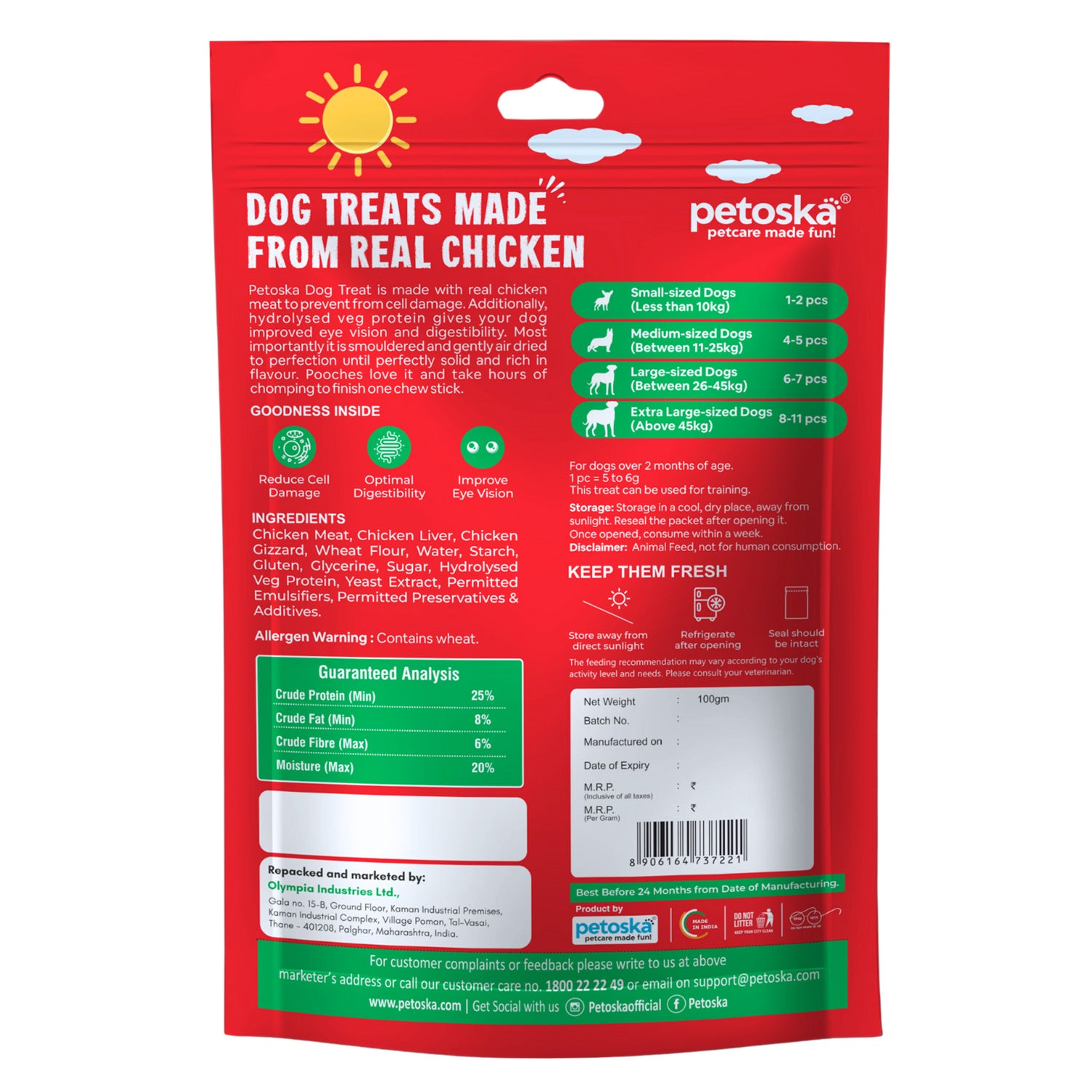 Petoska Chicken Jerky Made with Real Chicken Meat Protein-Rich Treats, 100g Each - Pack Of 10.