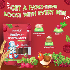 Petoska Beetroot Chicken Sticks Healthy Chews Nutritious Beets for Dogs, 100gms