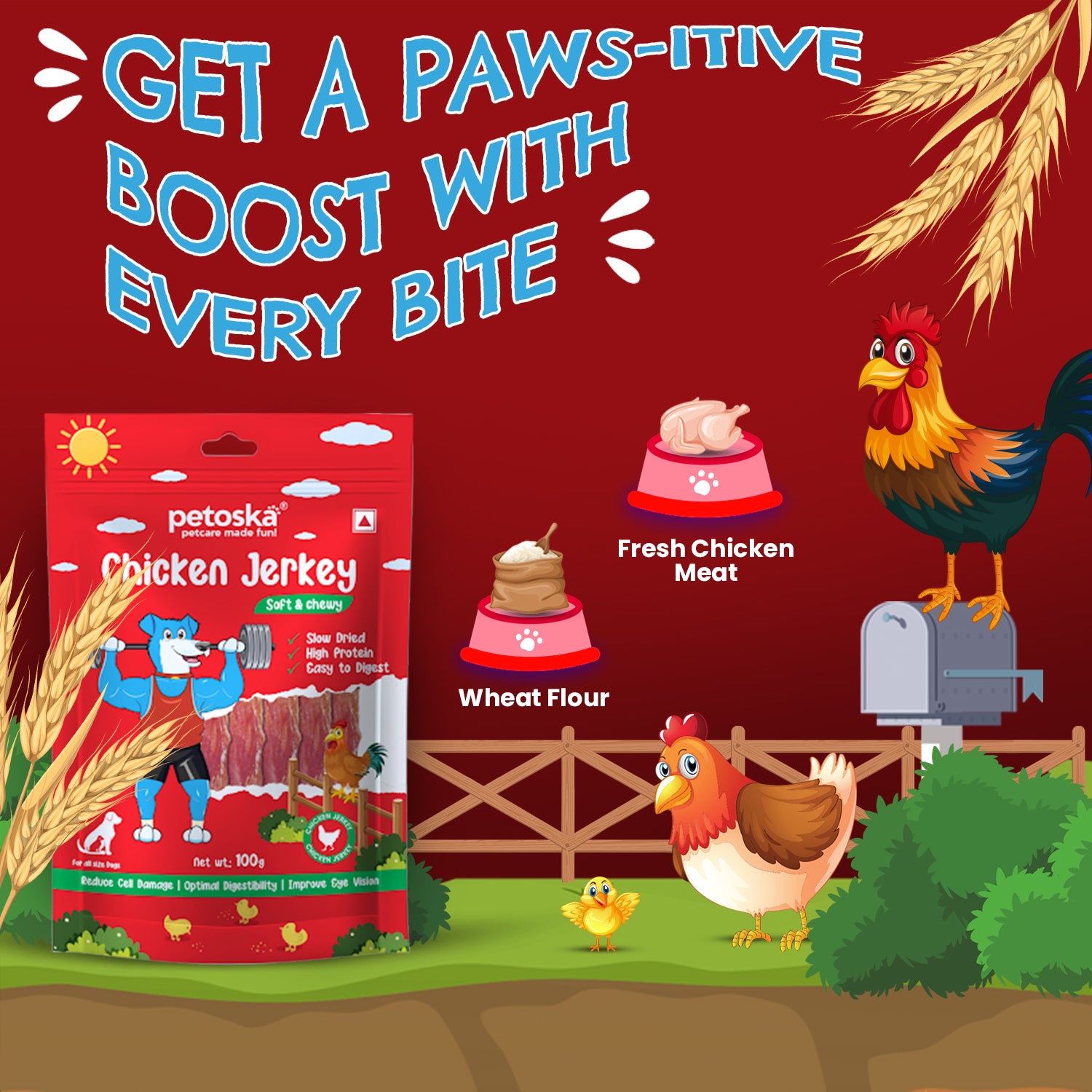 Petoska Chicken Jerky Made with Real Chicken Meat Protein-Rich Treats, 100g Each - Pack Of 10.