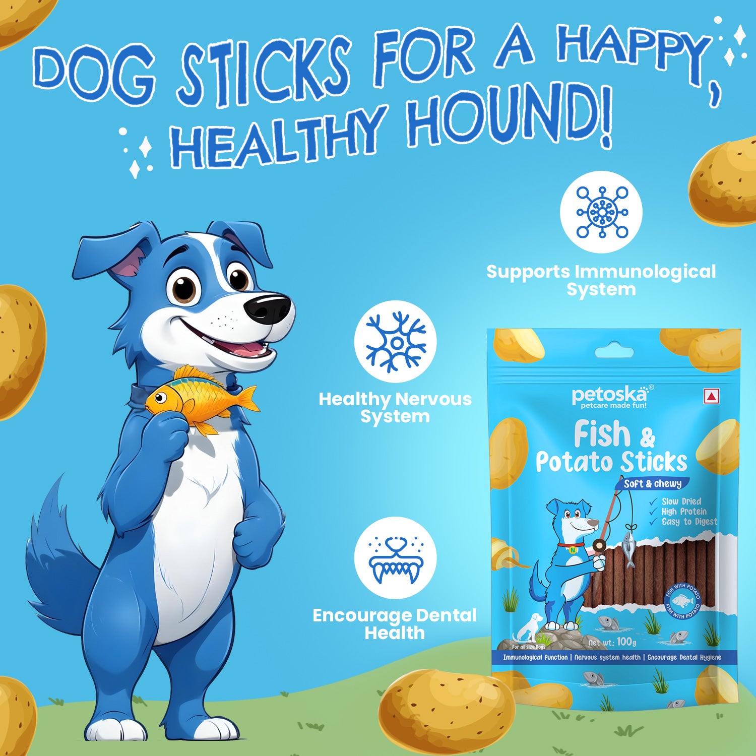 Petoska Potato Fish Sticks Tasty & Healthy Dog Treats with High Protein & Omega-3, 100g Each - Pack Of 10.