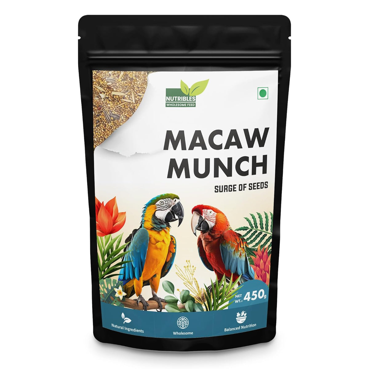 Nutribles Macaw Munch- 450GMS | with 14 Natural Seeds Mix | Surge of Seeds for Macaw Parrot | Supports Mental & Physical Stimulation | Prevents Overgrowth | for Macaws and Other Parrots