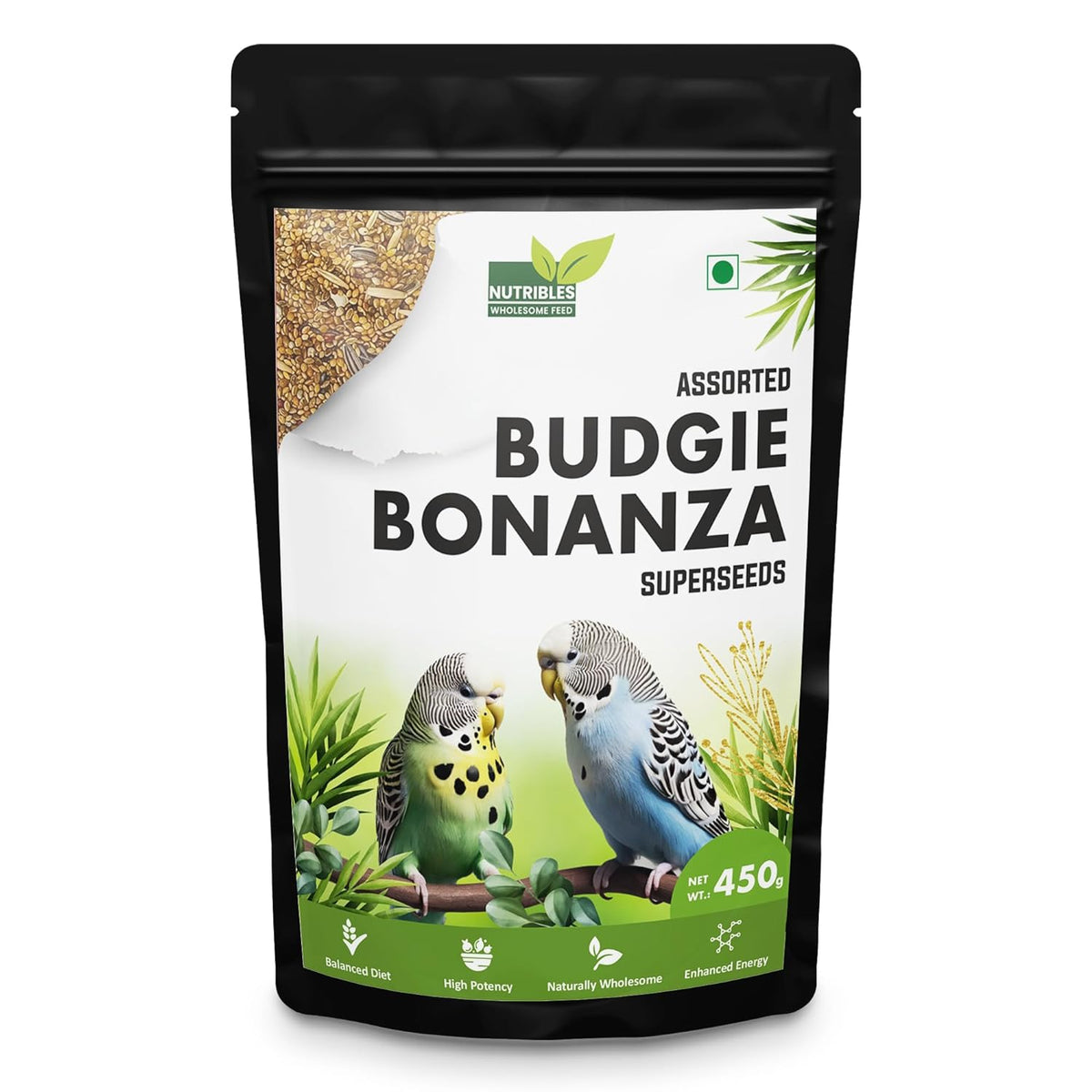Nutribles Budgie Bonanza- 450GMS | Assorted Superseeds for Birds | Superfood for Birds | Budgie Food | Small Parrot Feed |16 Healthy Super Seeds Mix | Natural & Wholesome Ingredients