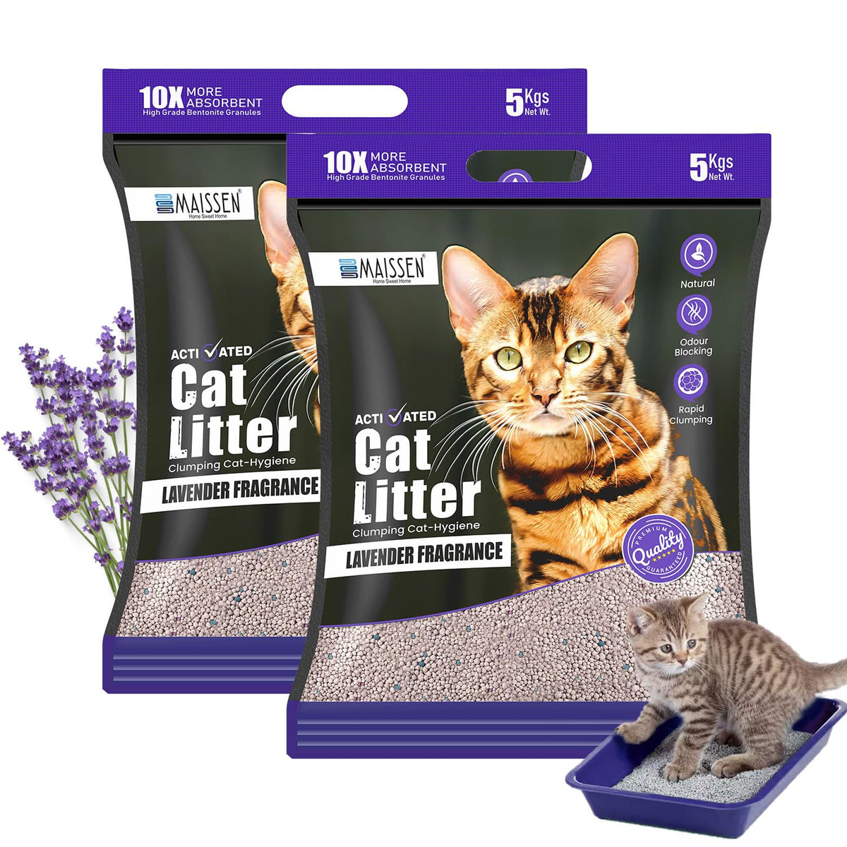 Maissen Activated Cat Litter, Lavender - 5 Kg Bentonite Clay Cat Essentials | Natural, Low Dust | Quick-Clumping, Scoopable | Odour Locking with Lavender | Hygiene for Cats | Pack of 2