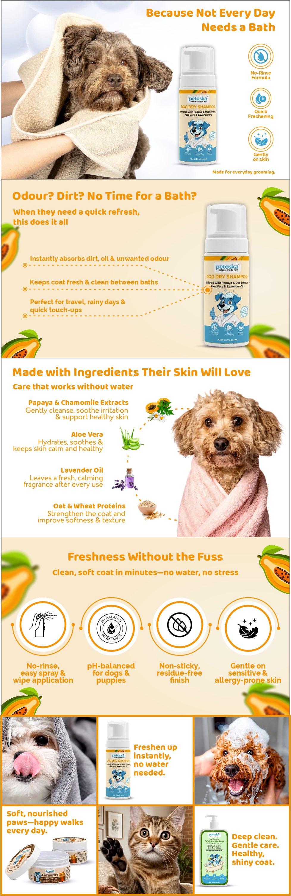Petoska Dog Dry Shampoo for Dogs & Puppies | 150 ml