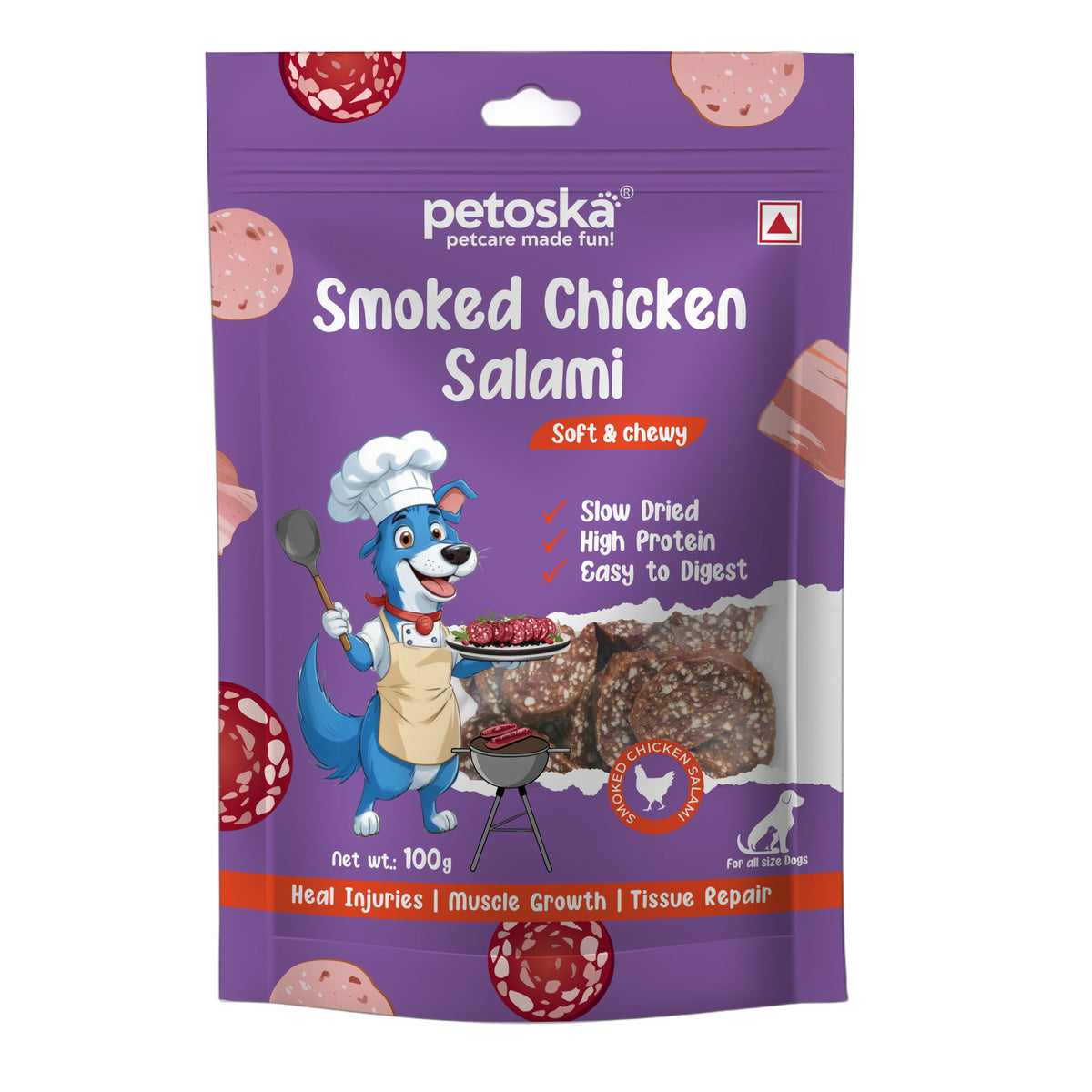 Petoska Chicken Salami Treats for Dogs, Smoky & Chewy Protein Snacks, 100gms