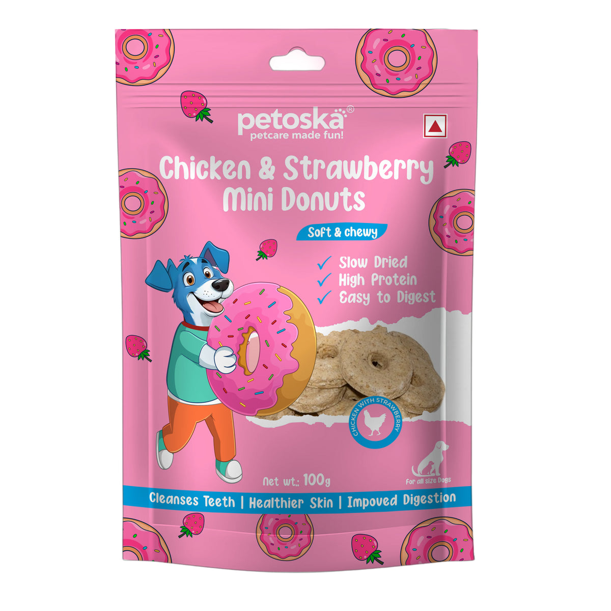 Petoska Dog Treats – Chicken & Strawberry Donuts, 100g