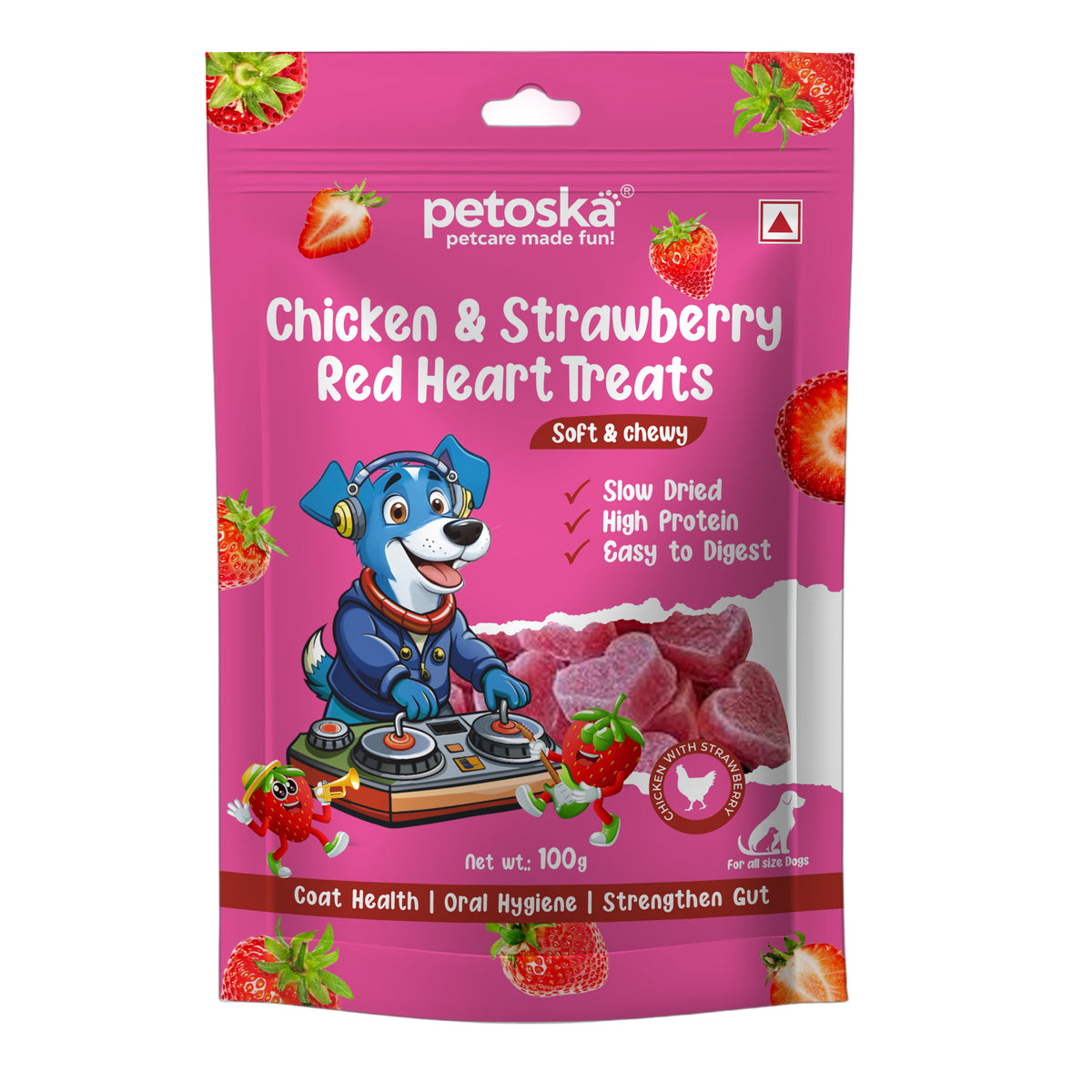 Petoska Chicken Strawberry Dog Treats Chewy Snacks with Real Meat & Fruit, 100gms