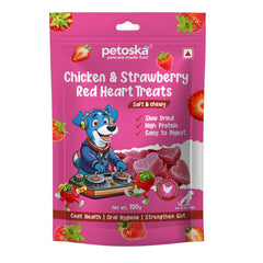 Petoska Chicken Strawberry Dog Treats Chewy Snacks with Real Meat & Fruit, 100gms