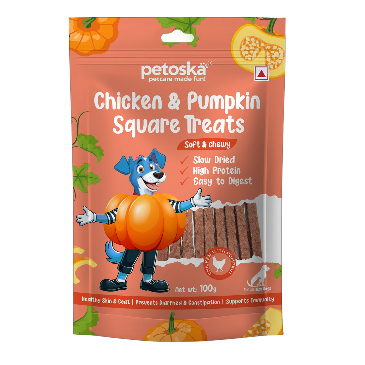 Petoska Chicken & Pumpkin Chew Sticks, Tasty, Digestive Support Treats for Dogs of All Sizes, 100gms