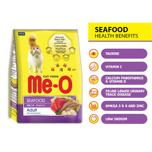 Me-O Adult Dry Cat Food for Cats 1+ Year, Seafood Flavor, 1.2kg Pack