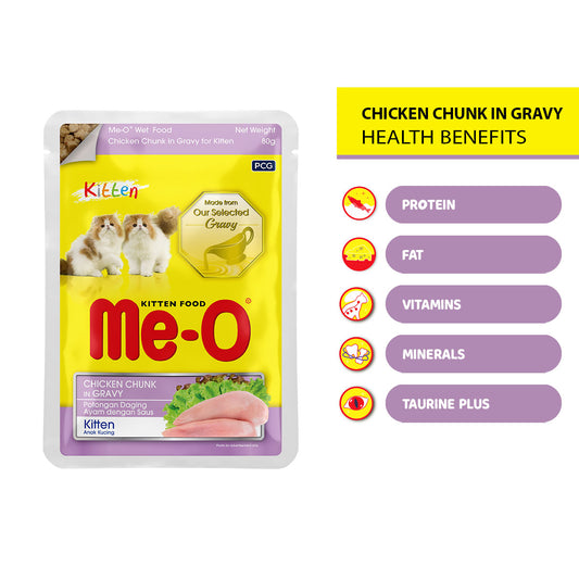 Me-O Kitten Wet Cat Food, Chicken Chunks in Gravy, Complete and Balanced Nutrition, 80g Pouch