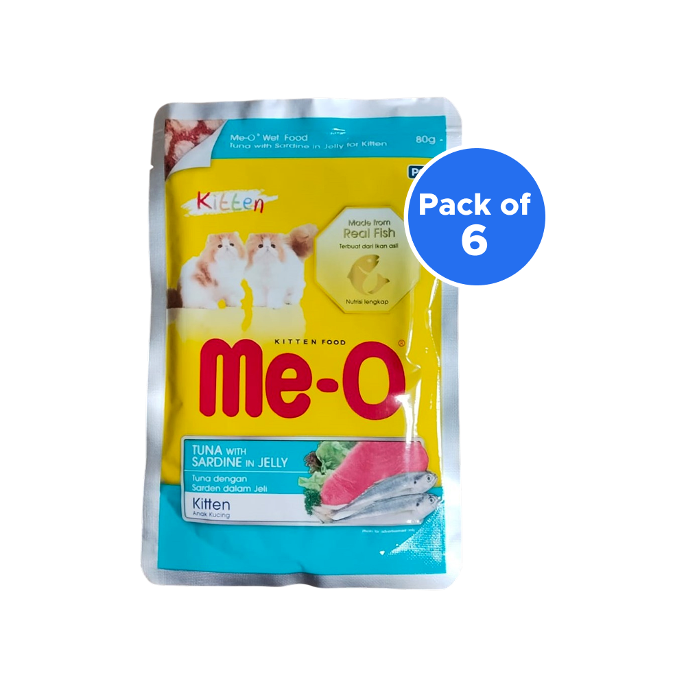 Me-O Tuna and Sardine in Jelly Kitten Wet Cat Food, 6 × 80 g Pouches (480 g) | 5 + 1 Free Pack