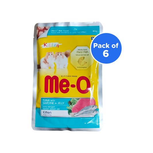Me-O Tuna and Sardine in Jelly Kitten Wet Cat Food, 6 × 80 g Pouches (480 g) | 5 + 1 Free Pack