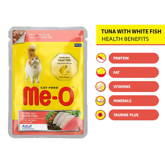 Me-O Tuna with White Fish Wet Cat Food for Adult Cats, 80g ( Pack of 12 )