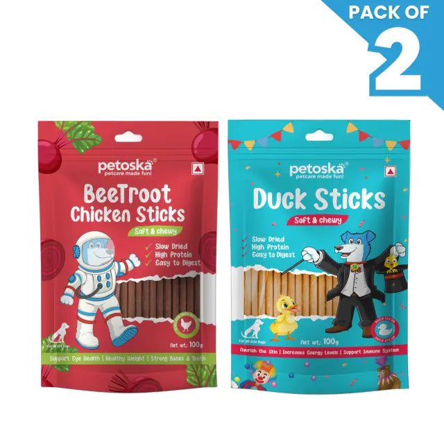 Petoska Dog Treat Beetroot & Duck Sticks 100gm - Pack Of 2