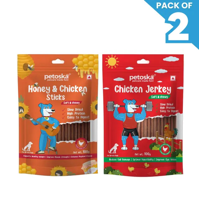 Petoska Dog Treat Chicken Honey Sticks & Chicken Jerky 100gm - Pack Of 2