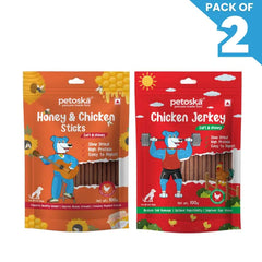Petoska Dog Treat Chicken Honey Sticks & Chicken Jerky 100gm - Pack Of 2