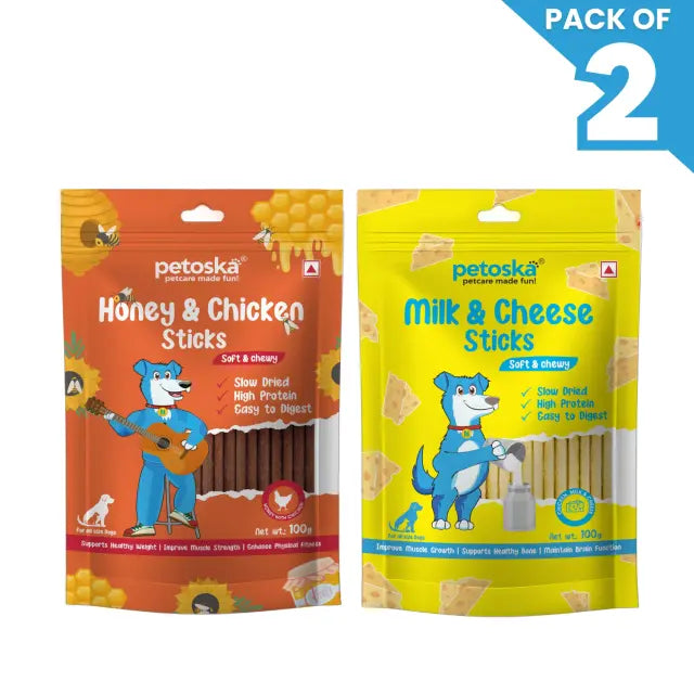 Petoska Dog Treat Chicken Honey Sticks & Milk Cheese Sticks 100gm - Pack Of 2