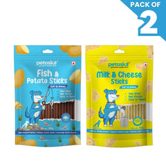 Petoska Dog Treat Potato Fish Sticks & Milk Cheese Sticks 100gm - Pack Of 2