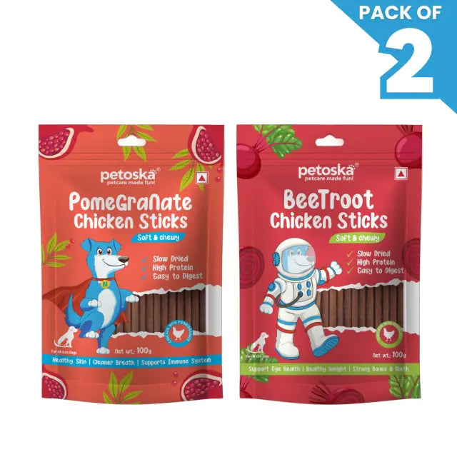 Petoska Dog Treat Pomegranate & Beetroot Chicken Sticks 100gm - Pack Of 2
